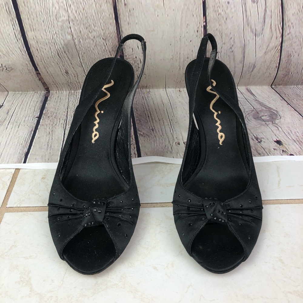 Nina satin sequin peep toe slingback heels 7.5
